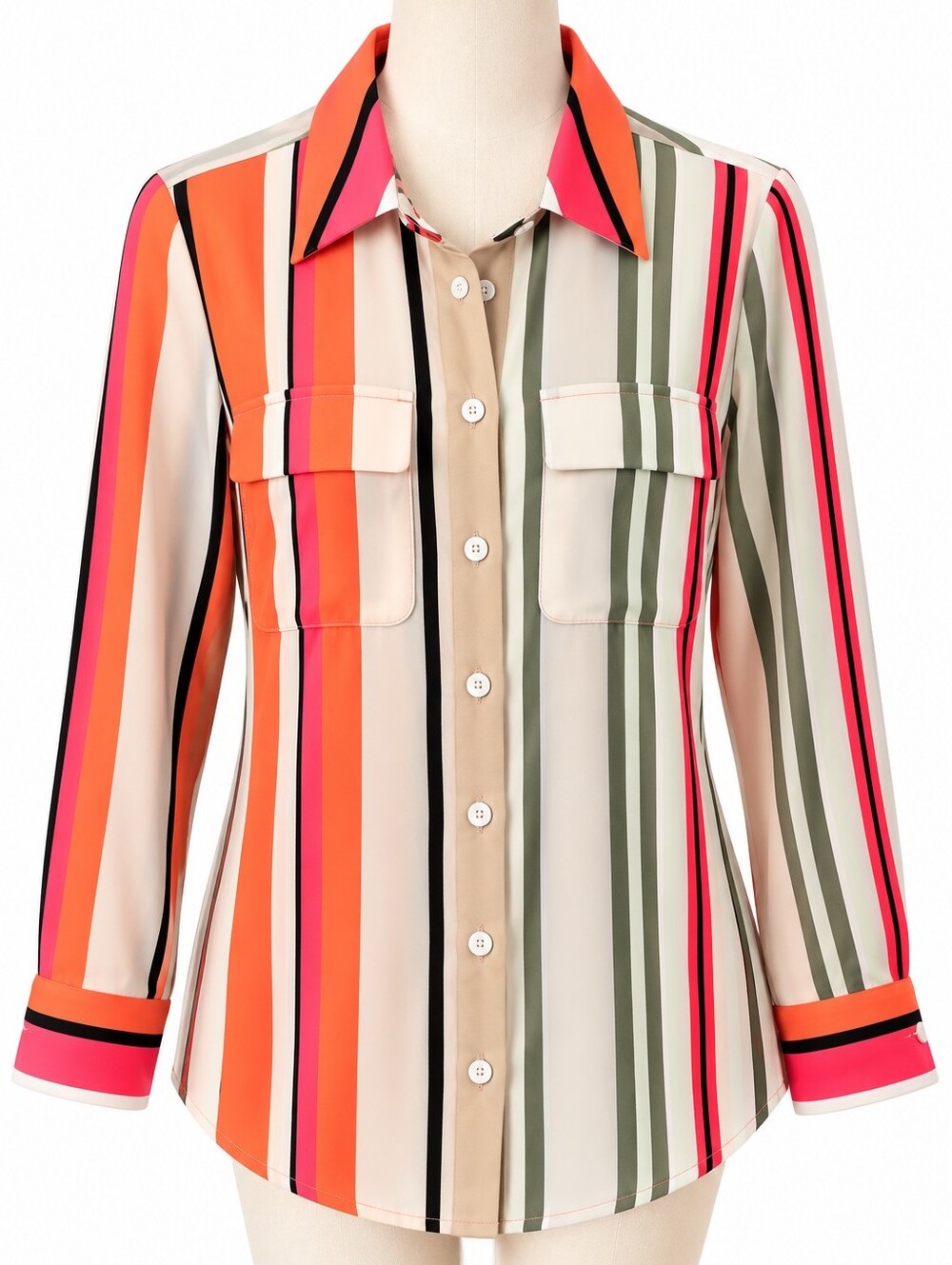 Striped Button-Front Blouse in Multi-Color